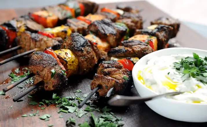 Grilled halal lamb kabob skewers at Al Baraka Grill Raleigh